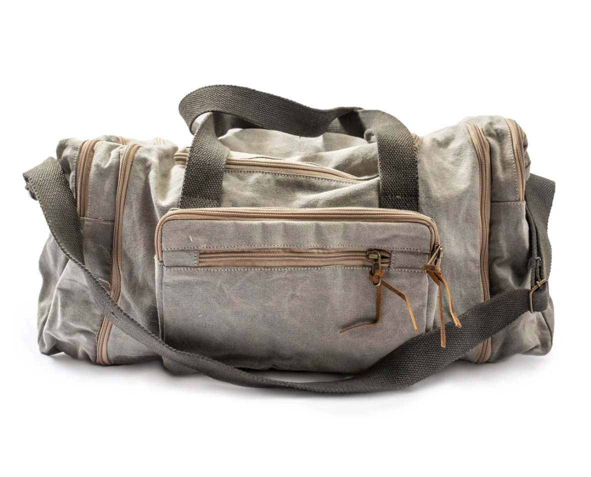 Sugarboo Grey Canvas Duffle Bag with Tan Zippers