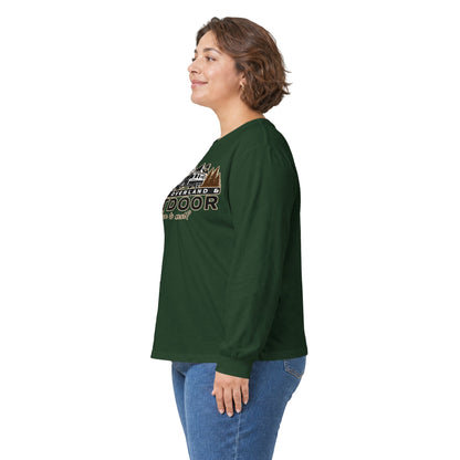 Outdoor Adventure Long Sleeve Tee — "Nacho Overland" Cabin & Mountains
