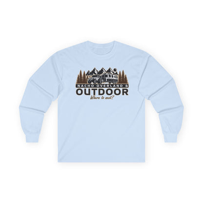 Outdoor Adventure Long Sleeve Tee — "Nacho Overland" Cabin & Mountains
