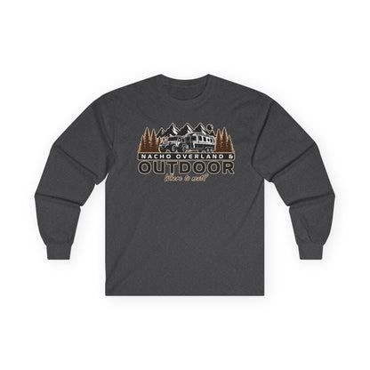 Outdoor Adventure Long Sleeve Tee — "Nacho Overland" Cabin & Mountains