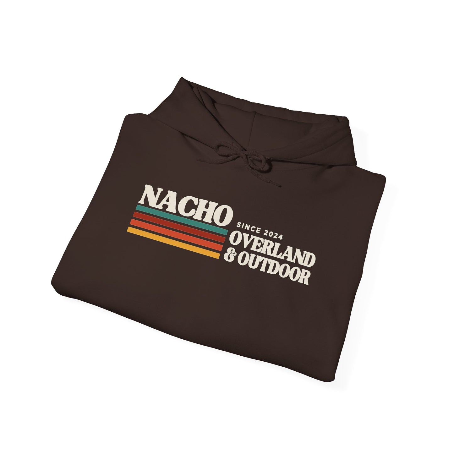 Retro 'Nacho Overland & Outdoor' Hoodie – Vintage Stripes Outdoor Adventure Sweatshirt