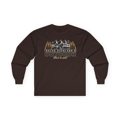Outdoor Adventure Long Sleeve Tee — "Nacho Overland" Cabin & Mountains