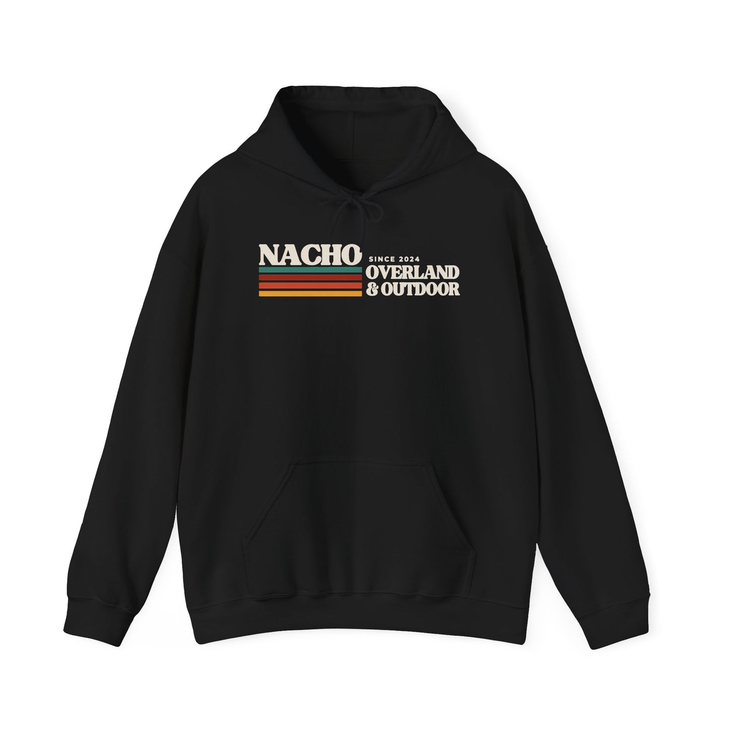 Retro 'Nacho Overland & Outdoor' Hoodie – Vintage Stripes Outdoor Adventure Sweatshirt