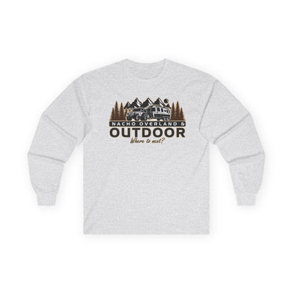 Outdoor Adventure Long Sleeve Tee — "Nacho Overland" Cabin & Mountains