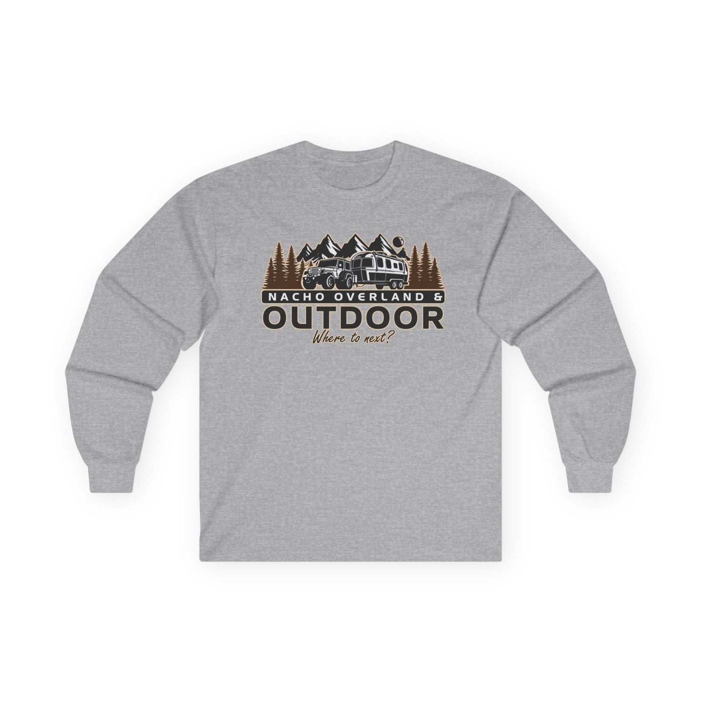 Outdoor Adventure Long Sleeve Tee — "Nacho Overland" Cabin & Mountains