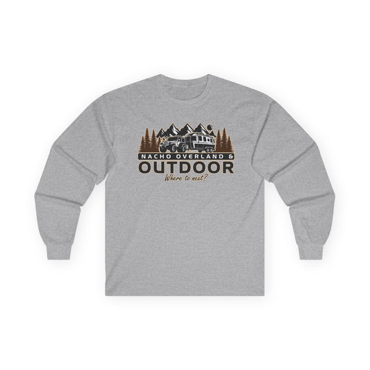 Outdoor Adventure Long Sleeve Tee — "Nacho Overland" Cabin & Mountains