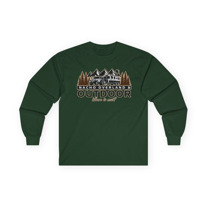 Outdoor Adventure Long Sleeve Tee — "Nacho Overland" Cabin & Mountains