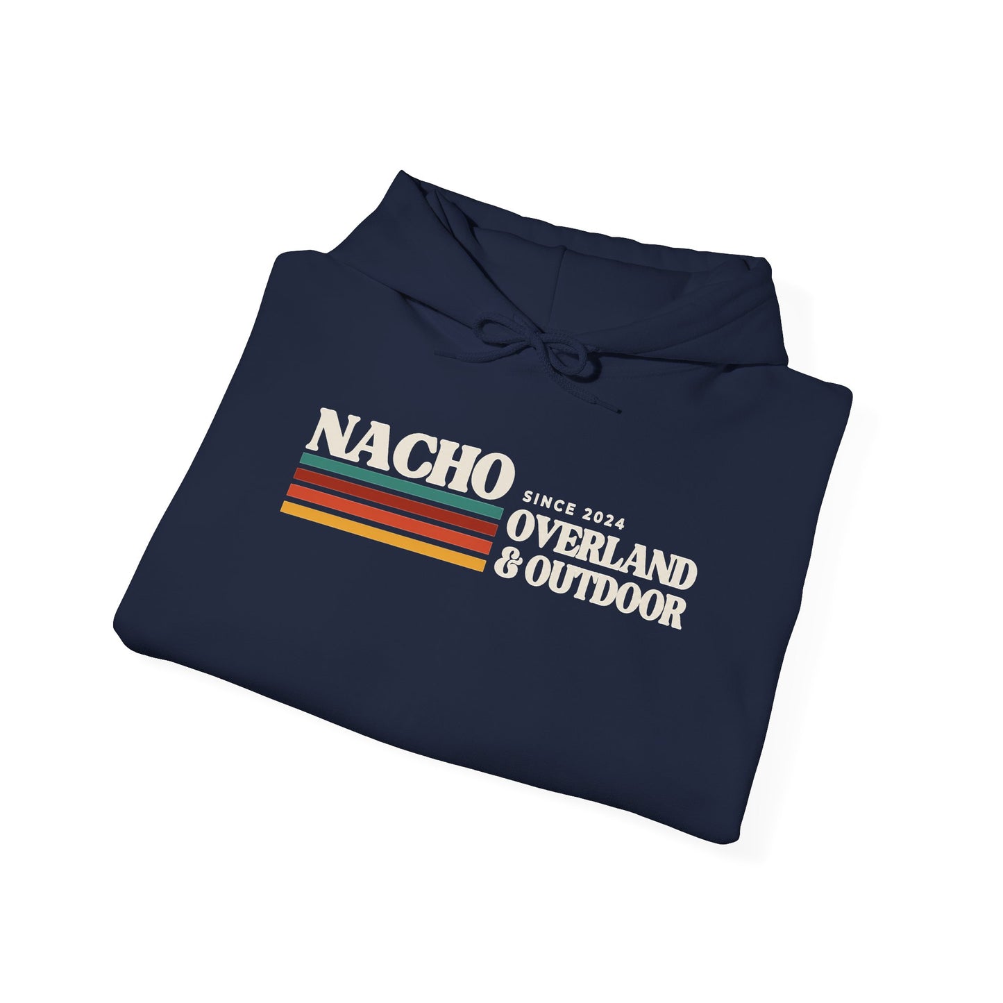Retro 'Nacho Overland & Outdoor' Hoodie – Vintage Stripes Outdoor Adventure Sweatshirt