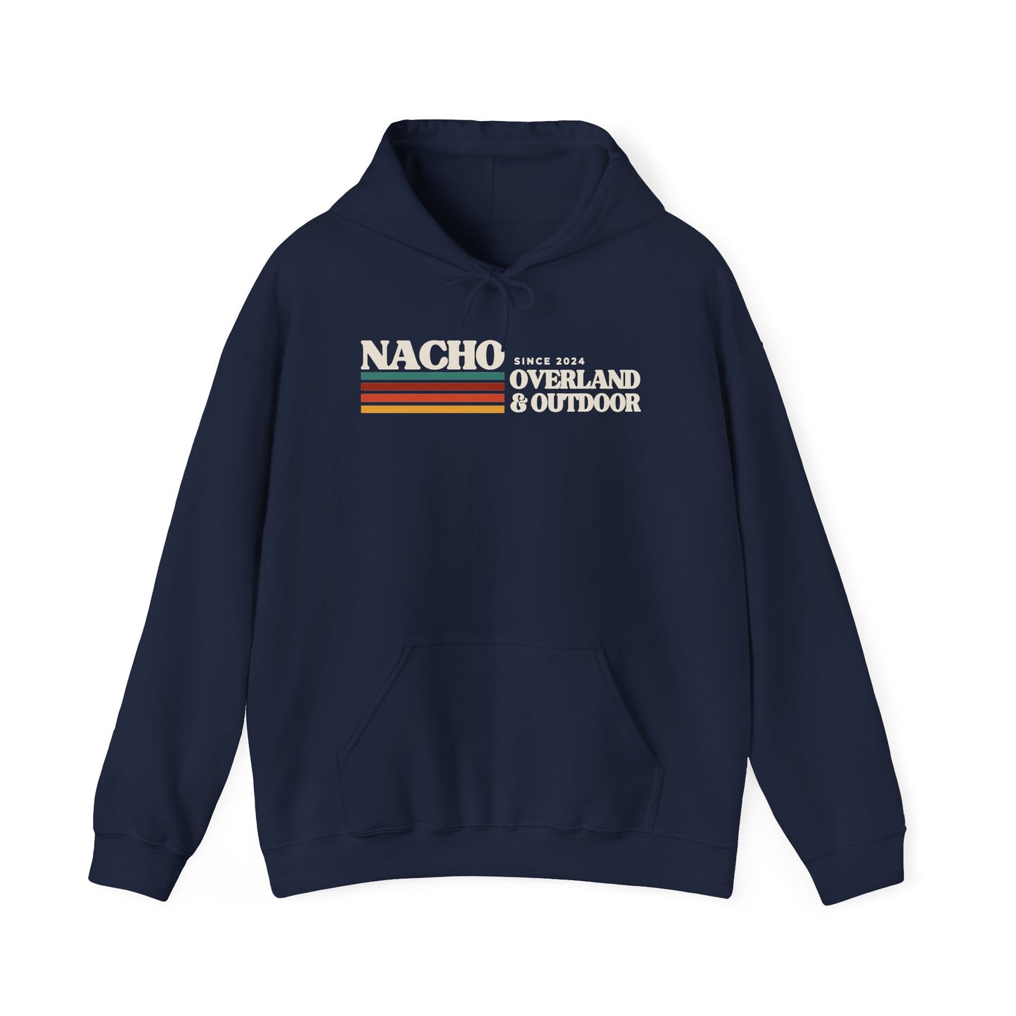 Retro 'Nacho Overland & Outdoor' Hoodie – Vintage Stripes Outdoor Adventure Sweatshirt