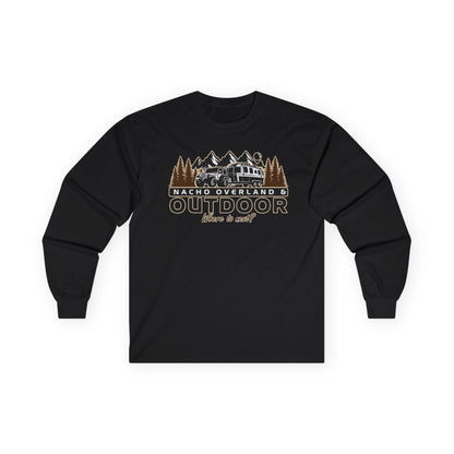 Outdoor Adventure Long Sleeve Tee — "Nacho Overland" Cabin & Mountains