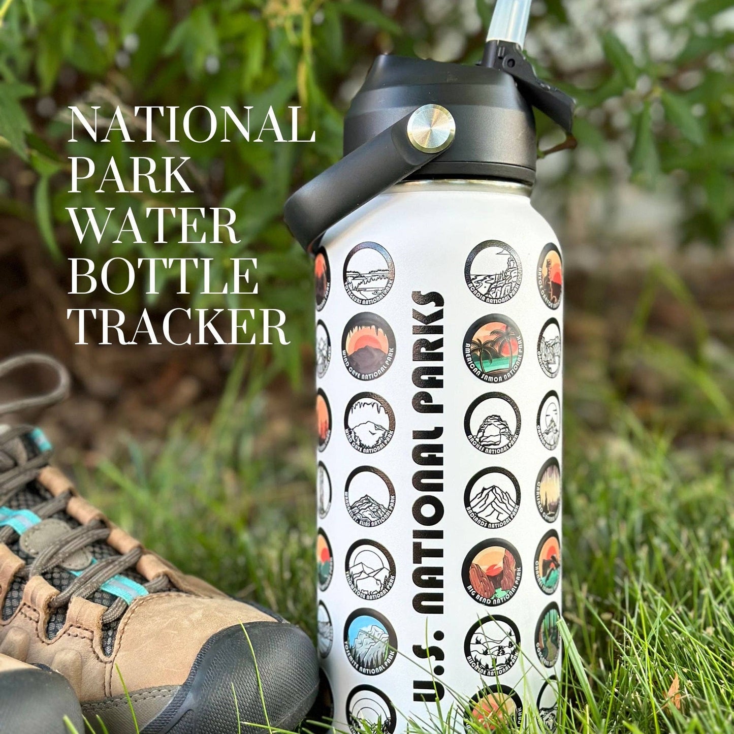 National Park Water Bottle Tracker with Stickers: Black