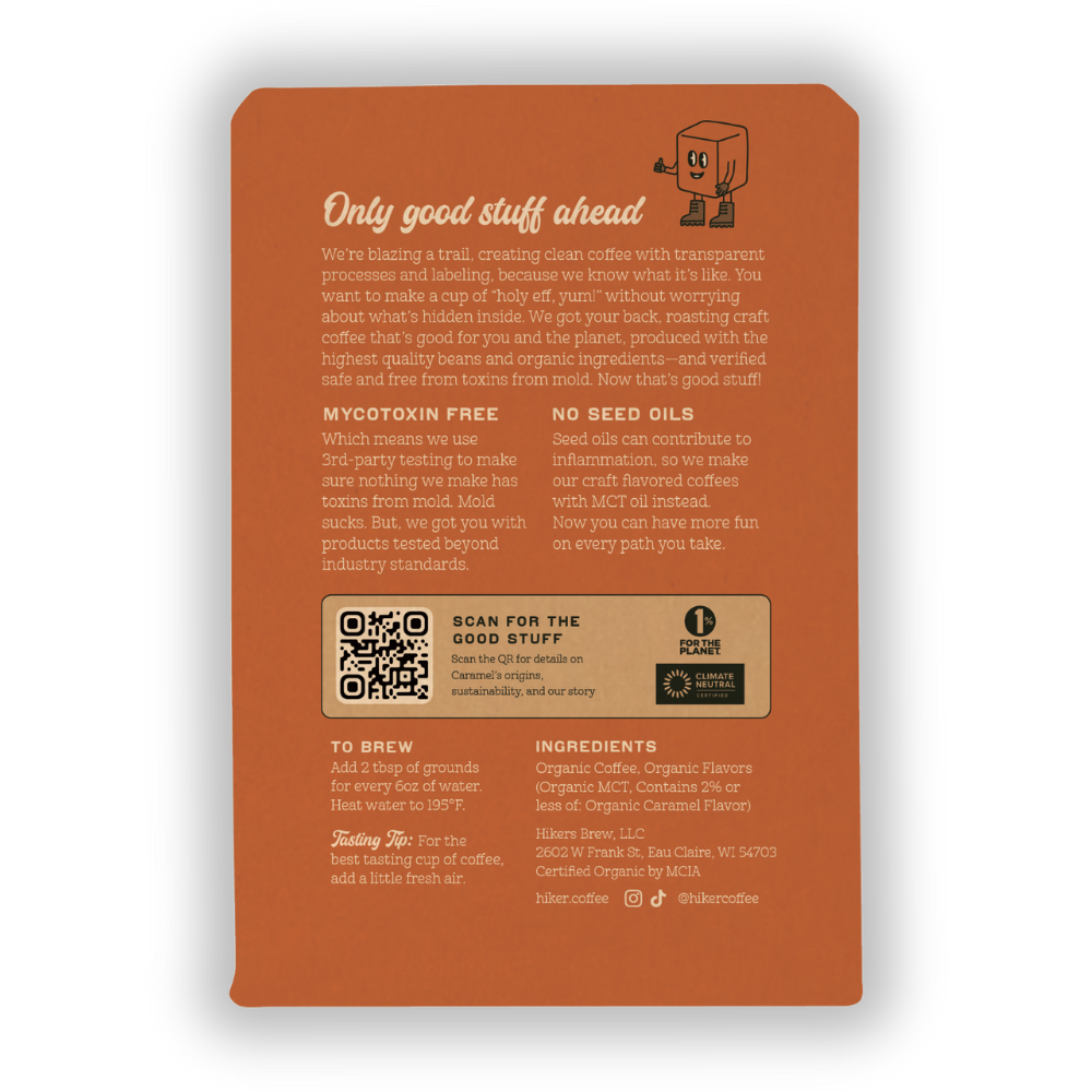 Hiker Coffee - Caramel, Ground Coffee, 12oz, No Seed Oils, Mycotoxin-Free