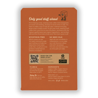 Hiker Coffee - Caramel, Ground Coffee, 12oz, No Seed Oils, Mycotoxin-Free
