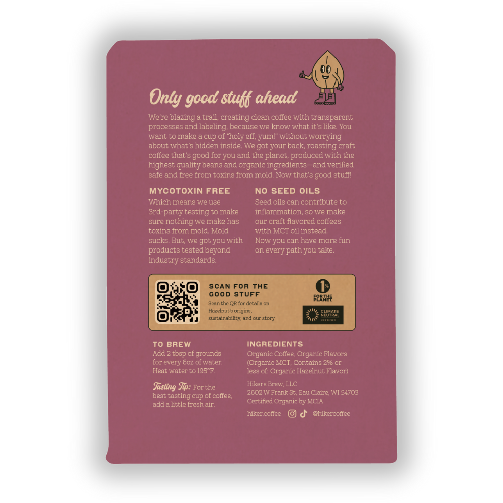 Hiker Coffee - Hazelnut, Ground Coffee, 12oz, No Seed Oils, Mycotoxin-Free