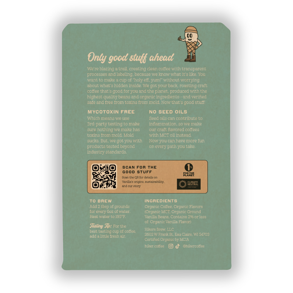 Hiker Coffee - Vanilla, Ground Coffee, 12oz, Mycotoxin-Free, No Seed Oils