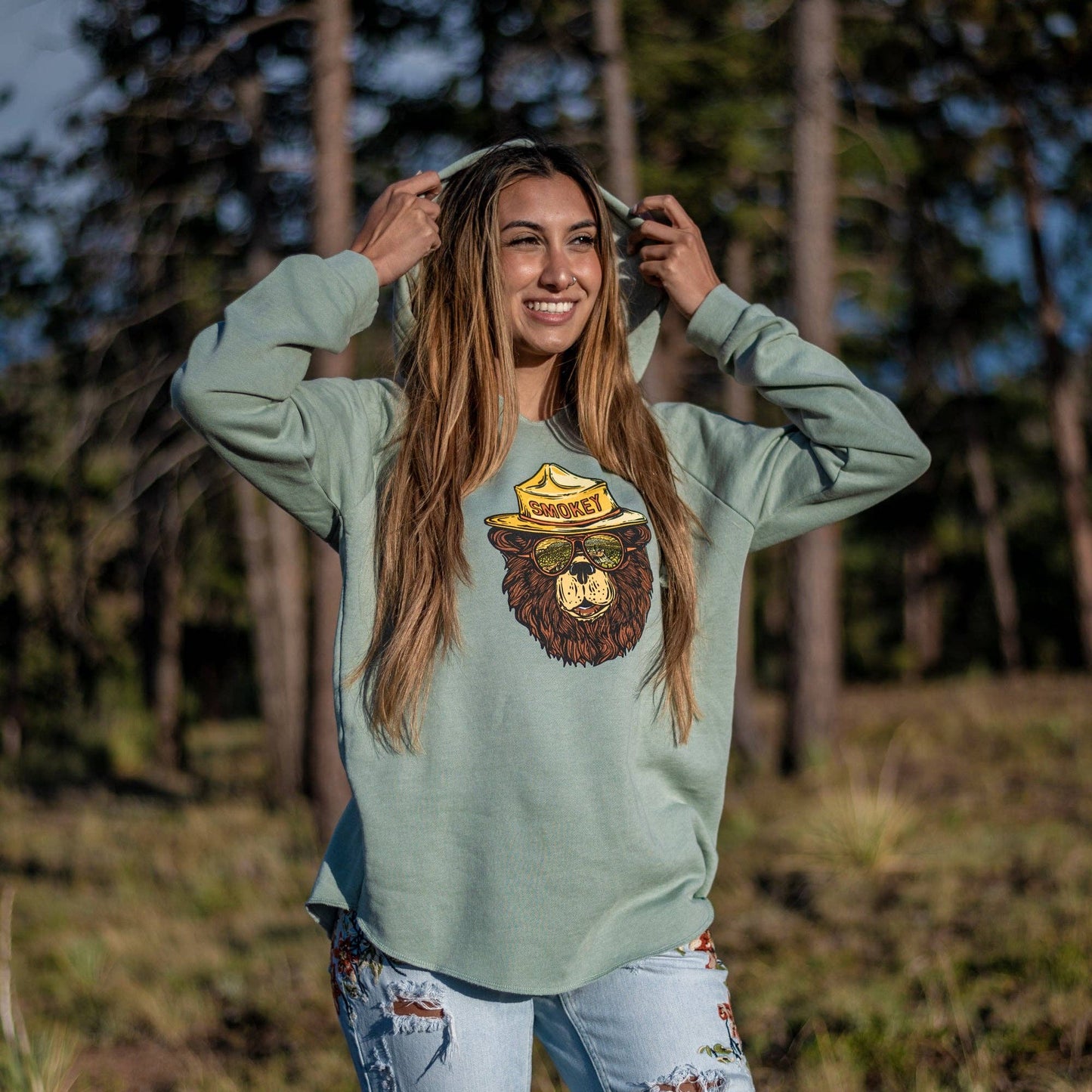 Smokey The Groovy Bear Women's Cut Hoodie: Sage