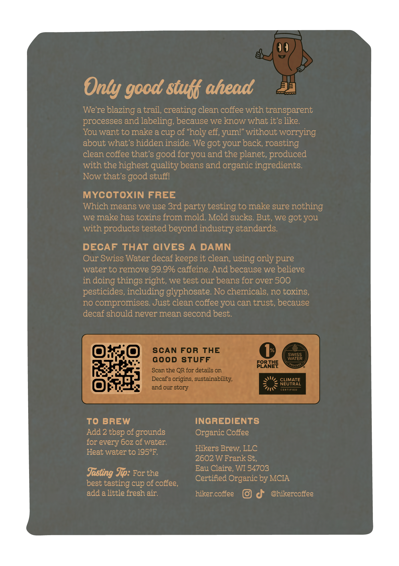 Hiker Coffee - Decaf, Ground Coffee, 12oz, Mycotoxin-Free, Swiss Water