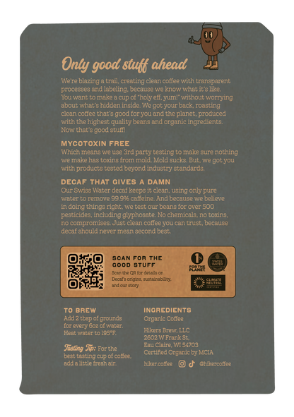Hiker Coffee - Decaf, Ground Coffee, 12oz, Mycotoxin-Free, Swiss Water
