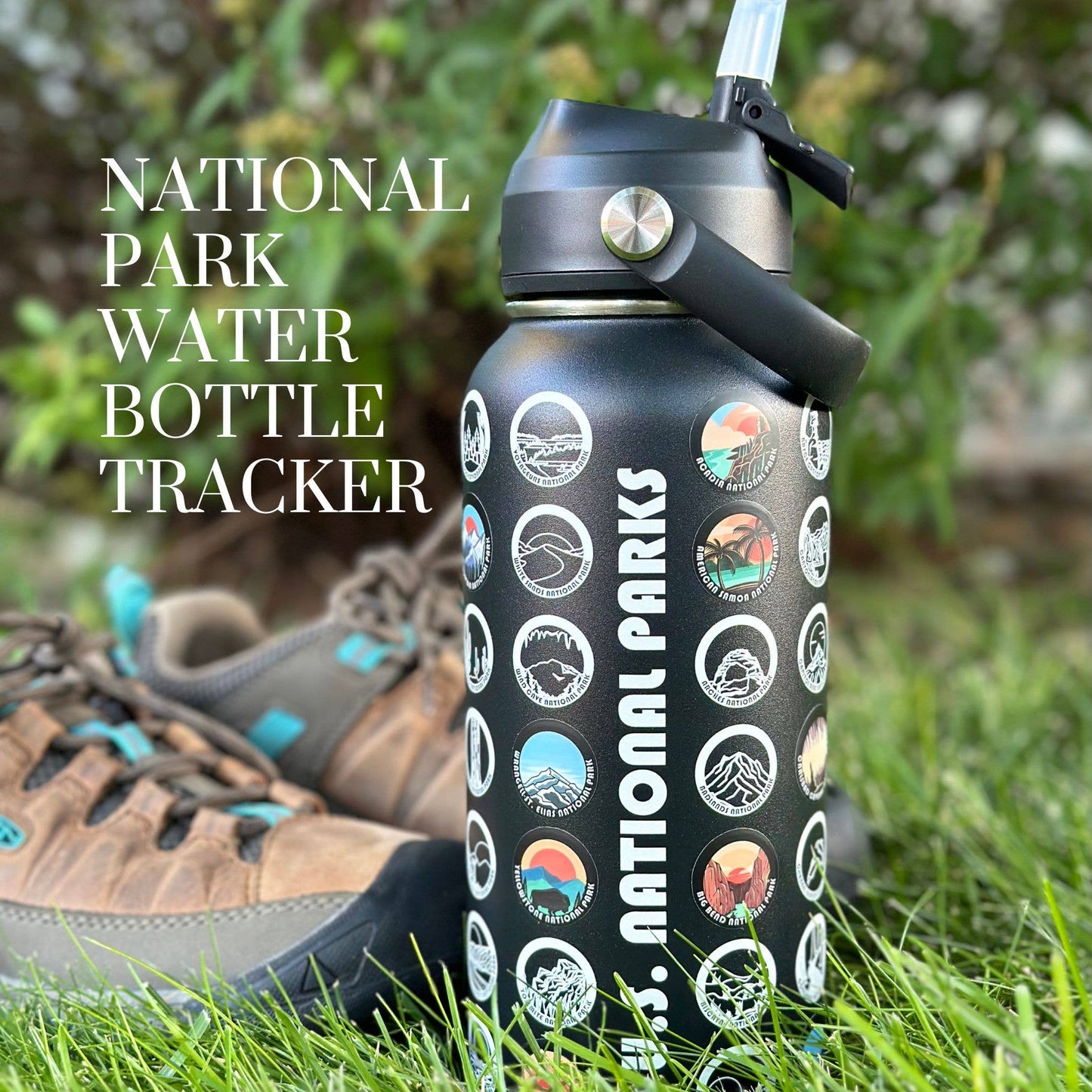 National Park Water Bottle Tracker with Stickers: Black