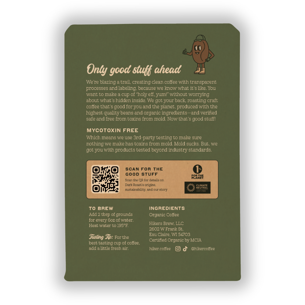 Hiker Coffee - Dark Roast, Ground Coffee, 12oz, Mycotoxin-Free Coffee