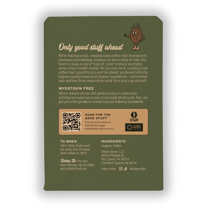 Hiker Coffee - Dark Roast, Ground Coffee, 12oz, Mycotoxin-Free Coffee